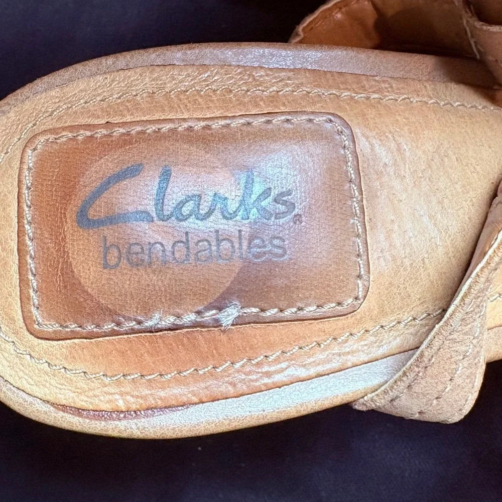 Clarks Bendables Tan Leather Beaded Cork Wedge Sandals Womens‎ 8.5M